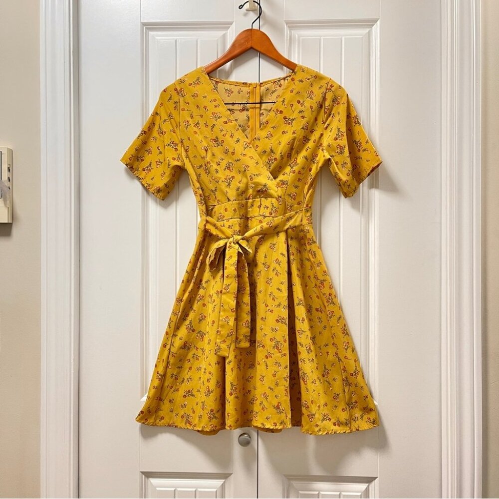 Yellow Floral Mini Wrap Dress from Korea - XS-S
